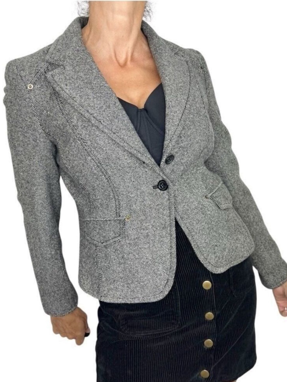 Michael Kors pure wool black white tweed fitted cropped blazer jacket 8